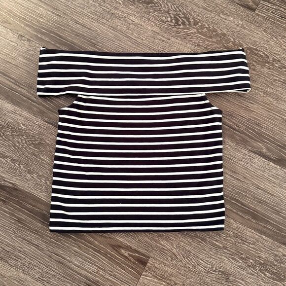 Maeve Black and White Stripe Off Shoulder Top - Picture 1 of 5